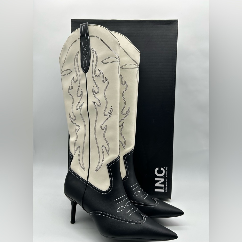 INC Hayleigh Knee-High Cowboy Vegan Boots | Black & Bone Size 7M | New With Box - Picture 11 of 11